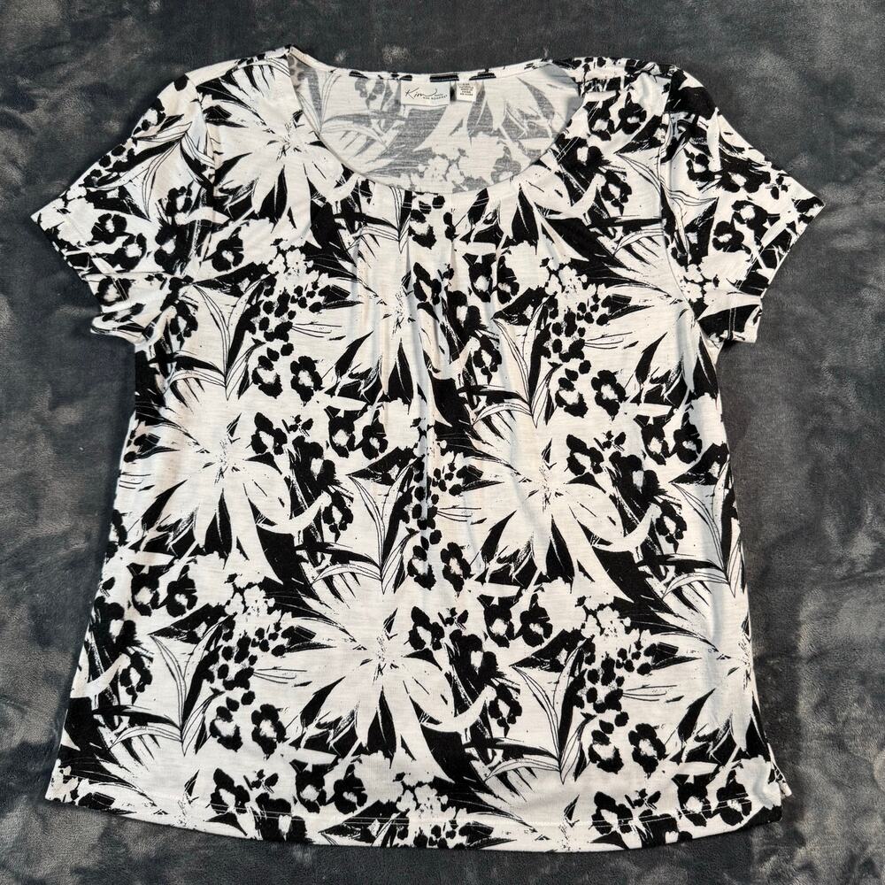 Kim Rogers Petite PM Black White Floral Pleated Short Sleeve Blouse